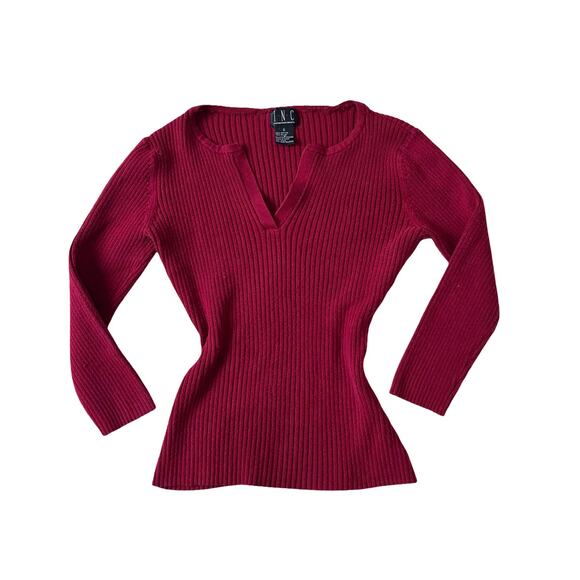 INC Burgundy ribbed 3/4 sleeve sweater with delicate v neckline size S y2k - Picture 3 of 5